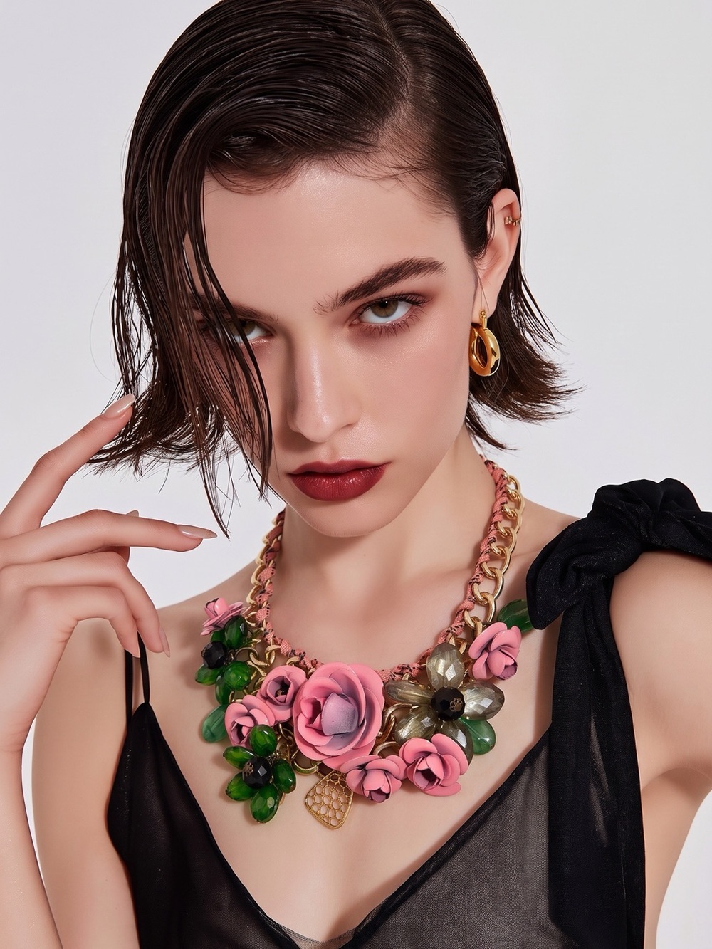 Chunky Metal Pink Floral and Acrylic Green Bead Statement Necklace